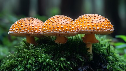 Fototapeta premium Orange-Capped Mushrooms Among Green Forest Floor