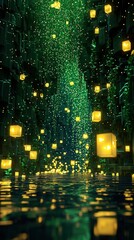 Obraz premium A celestial river flowing gently through a glowing fantasy canyon. Radiant vines drape from the canyon walls, and floating lanterns drift lazily above the river’s surface, casting shimmering 