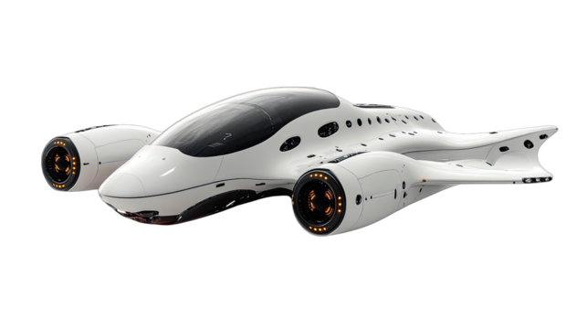 Futuristic Speedster: Sleek, white futuristic vehicle with powerful engines and aerodynamic design, ready for high-speed travel.  A captivating image representing innovation and advanced technology. 