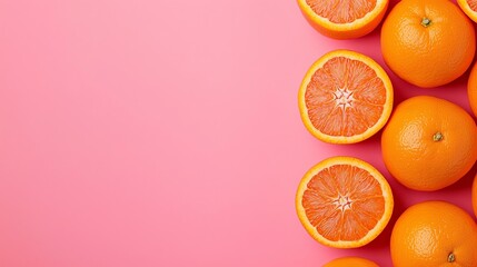 Fresh oranges on a pink background, perfect for vibrant food photography.