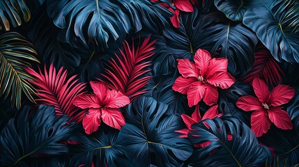 Lush Tropical Leaves Dark Blue Green Red Hibiscus Flowers Artistic Botanical Illustration