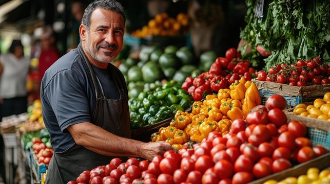 A smiling male vendor at a vibrant market arranging fresh tomatoes and peppers on wooden stalls