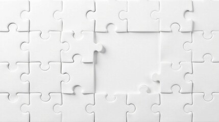 White Jigsaw Puzzle Pieces Almost Complete, Showing a Blank Space in the Center Representing Opportunity or a Missing Element