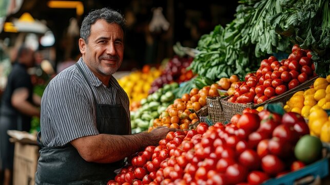 A smiling male vendor at a vibrant market arranging fresh tomatoes and peppers on wooden stalls - Powered by Adobe