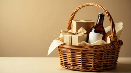 A thoughtfully curated gift basket containing a bottle and presents, perfect for a special occasion celebration