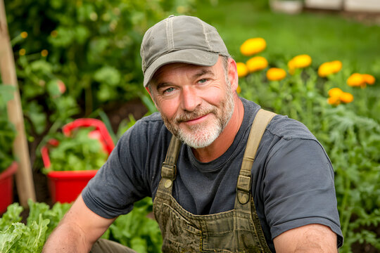 farmer in overalls smiles warmly while tending to vibrant garden filled with flowers and vegetables, showcasing connection to nature and hard work