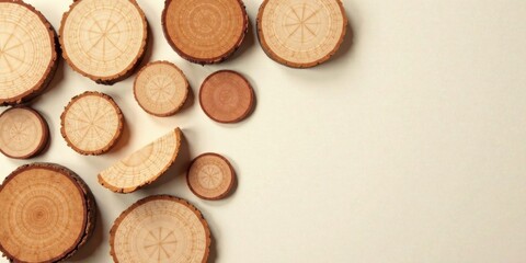 A Collection of Natural Wood Slices Arranged on a Light Beige Background, Ideal for Craft, Design, and Nature-Inspired Projects