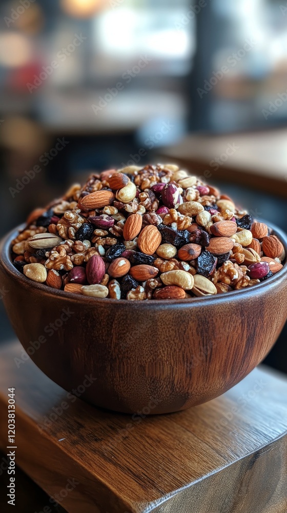 Poster bowl filled with assorted nuts on a rustic wooden table in a cozy setting