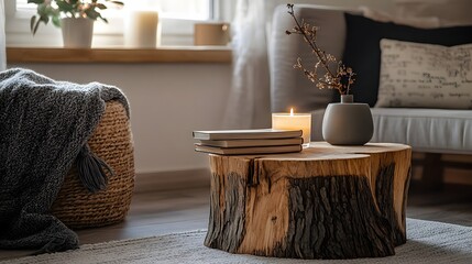 A unique wooden coffee table made from a reclaimed tree stump placed in a cozy reading nook with books and a candle.