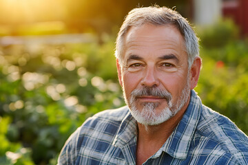 farmer smiling in lush garden during sunset, showcasing warm and content expression. vibrant greenery and soft sunlight create serene atmosphere