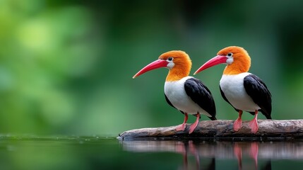 Obraz premium Two Colorful Birds on a Log by Water