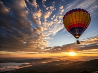 Fototapeta premium Majestic Hot Air Balloon Soaring Over Scenic Landscape at Sunrise - Stock Photo
