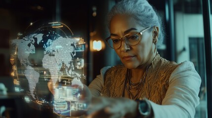 Indian businesswoman analyzing futuristic holographic globe, symbolizing innovation and technology