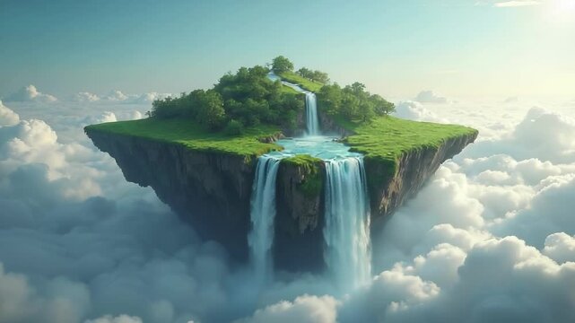 Floating island with waterfalls among clouds. The concept of utopia or a soaring world