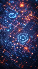 Fototapeta premium A cyberpunk-style pattern of glowing hexagons connected by neon blue lines. Each hexagon contains a holographic symbol, creating a futuristic and tech-inspired seamless texture. 