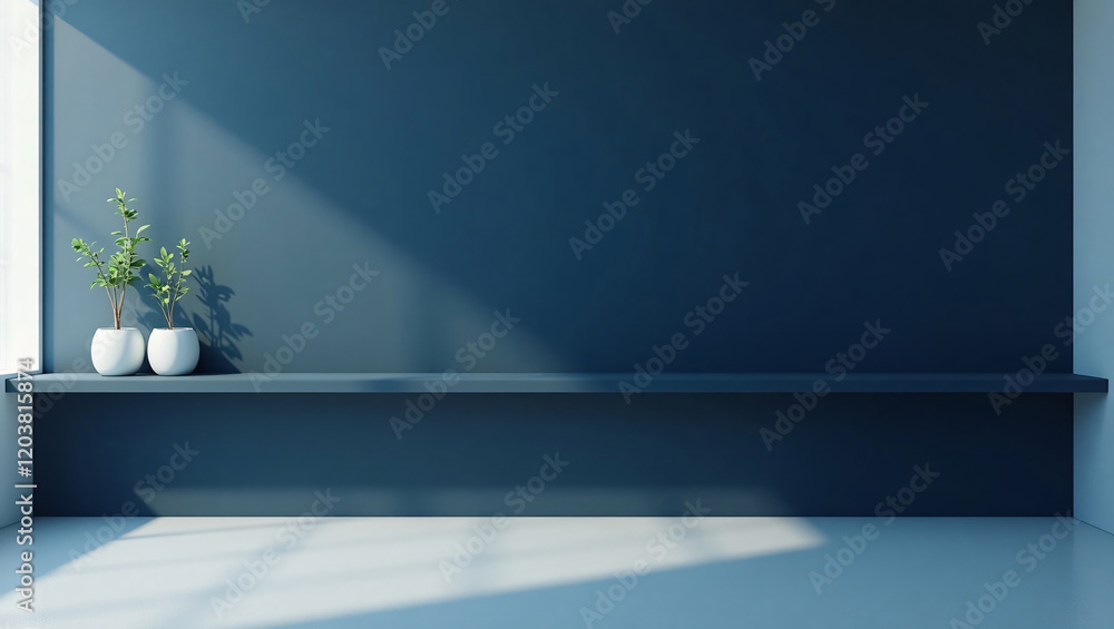 Poster a 3d blue background set in a minimalist studio, complemented by a navy gallery shelf, creating a sl