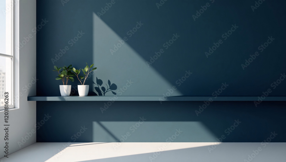 Poster a 3d blue background set in a minimalist studio, complemented by a navy gallery shelf, creating a sl