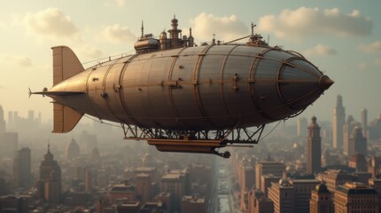 Steampunk Airship Soaring Over Victorian City