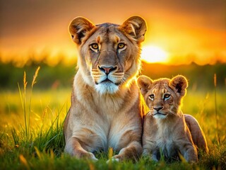 Majestic Lioness and Cub in African Savanna - High-Resolution Stock Photo
