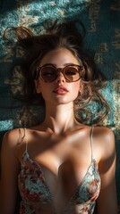 Naklejka premium Woman relaxing on a blue rug while wearing sunglasses and a floral dress during a sunny afternoon