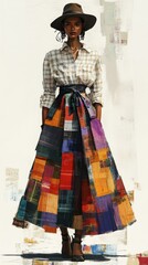 Woman in vintage plaid dress poses confidently in black and white setting with stylish hat and heels