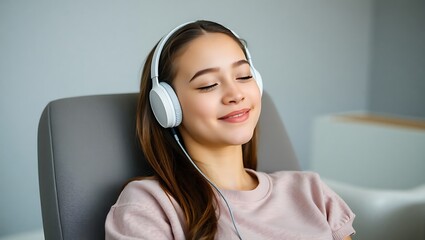 Teen Girl Listening to Music with Headphones, Indoor Setting, Grey Background - Website Banner