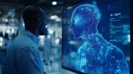 A doctor and hologram AI agent and assistant representing artificial intelligence as a virtual medical representative for customer service healthcare support and AGI singularity