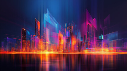 Fototapeta premium abstract interpretation of a city skyline at night, with geometric shapes and neon light streaks blending into the dark sky,