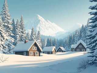 Fototapeta premium A scenic rural winter setting with snow-dusted chalets and a thick blanket of snow covering the farm. A wooden bridge arches over a stream