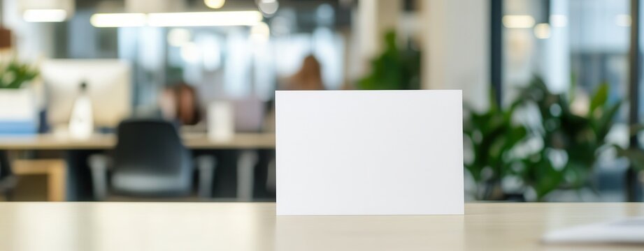 Blank Sign Mockup in Modern Office:  A crisp, blank sign sits prominently on a wooden desk in a modern office setting, ready to be customized for any message or brand.