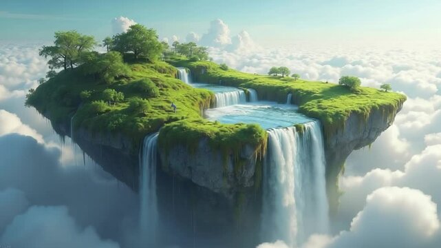 Floating island with waterfalls among clouds. The concept of utopia or a soaring world