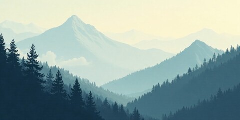 Fototapeta premium Serene Mountain Vista Misty Peaks and Evergreen Forests in a Peaceful Landscape
