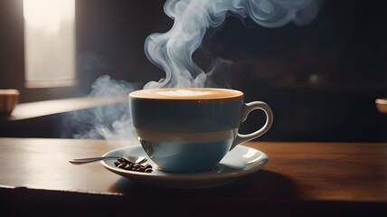 Realistic photo of a cup of hot coffee with smoke rising