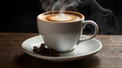 Realistic photo of a cup of hot coffee with smoke rising