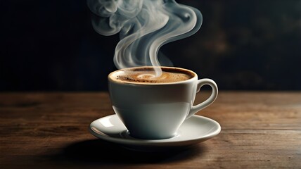 Realistic photo of a cup of hot coffee with smoke rising