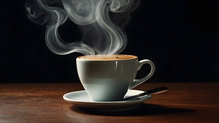 Realistic photo of a cup of hot coffee with smoke rising