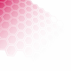 A modern, abstract background featuring a repeating pattern of pink hexagons with white outlines.