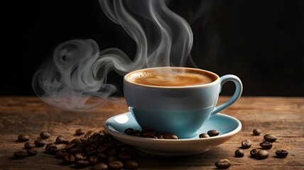 Realistic photo of a cup of hot coffee with smoke rising