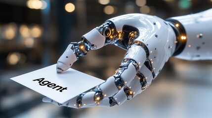 A robot hand holding an AI agent business card symbolizing artificial intelligence, virtual assistant support, and customer service representation through AGI during the singularity