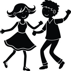 Happy cute kid boy and girl dance together silhouette