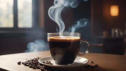 Realistic photo of a cup of hot coffee with smoke rising