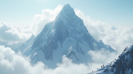 Climbers Ascending a Cloud-Shrouded Mountain Peak