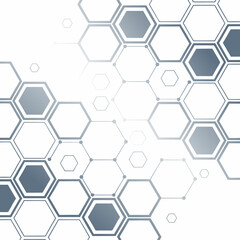 A clean, modern abstract background featuring a repeating pattern of interconnected hexagons in grayscale.