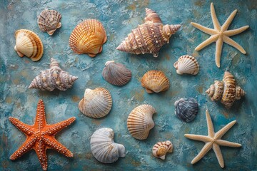 Colorful collection of seashells and starfish arranged on a textured blue background