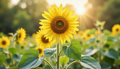 Vibrant sunflower sprout blooming in morning garden, nature's beauty