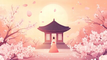 Obraz premium Cherry blossoms blossom around traditional Asian pavilion during spring evening light and soft pink skies. Generative AI