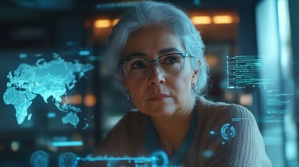 Senior woman analyzing futuristic technology interface with global data, concept of experience and innovation