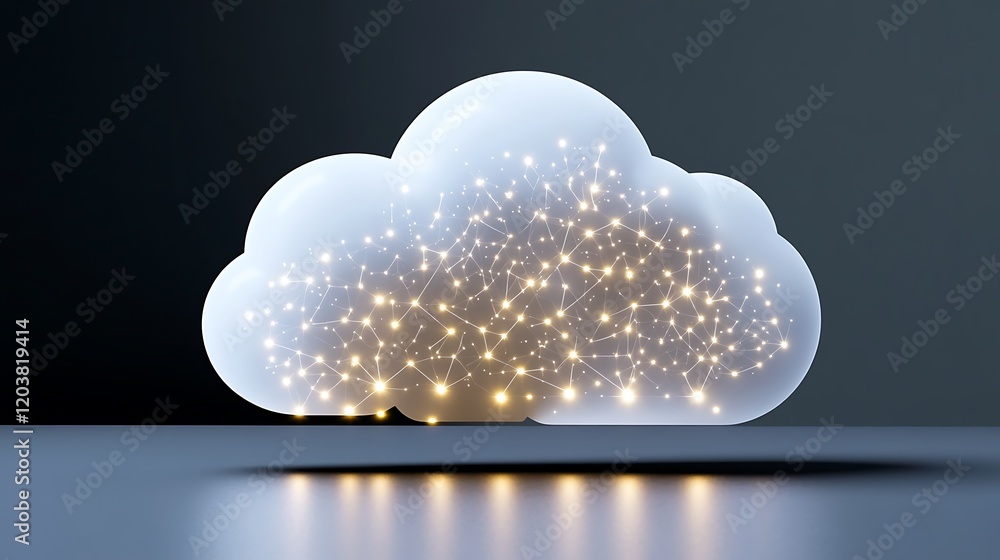 Poster glowing white cloud with dots in minimal style on dark background