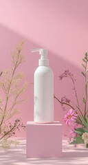 White Pump Bottle Mockup: A pristine white pump bottle rests on a delicate pink platform, surrounded by delicate dried flowers and blossoming purple wildflowers.