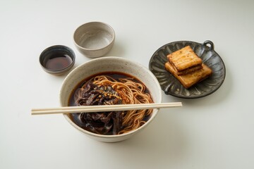 Fototapeta premium Delicious Asian Noodle Dish with Tofu and Broth